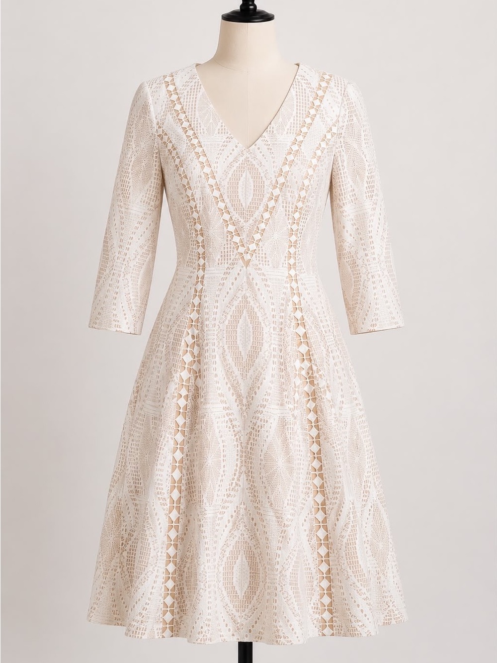ANTONIO MELANI Ivory Lace Midi Dress with V-Neck